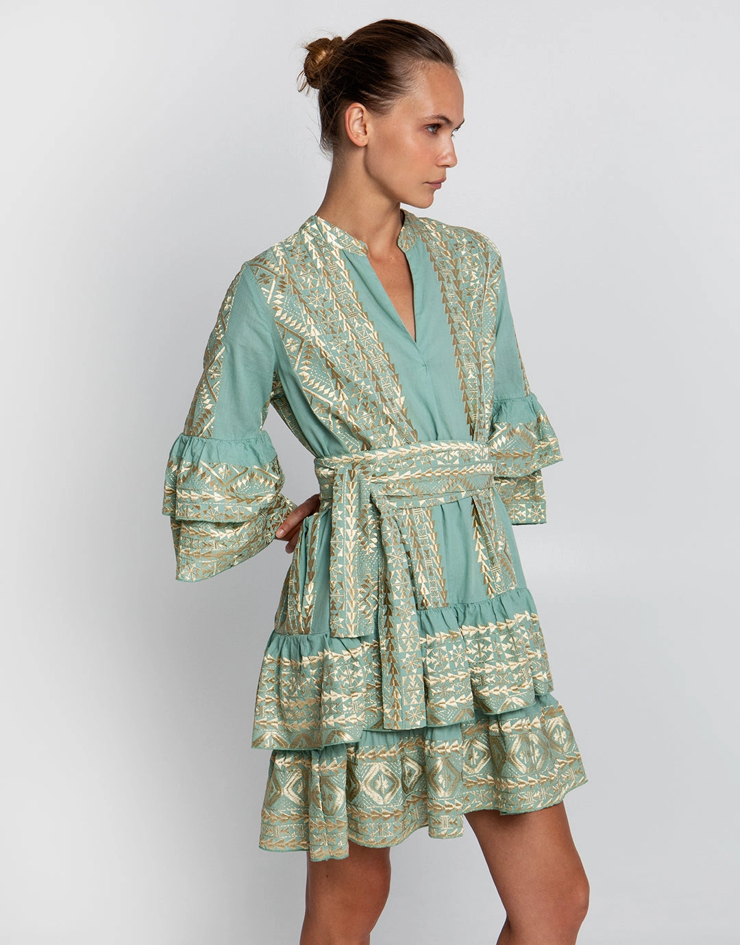 Classic Triangle Layered Mini Dress with Sash - Sea Green and Gold