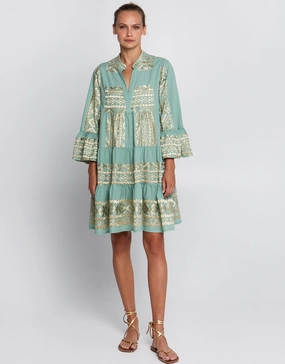 Classic Triangle Long Sleeve Mini Dress - Sea Green and Gold