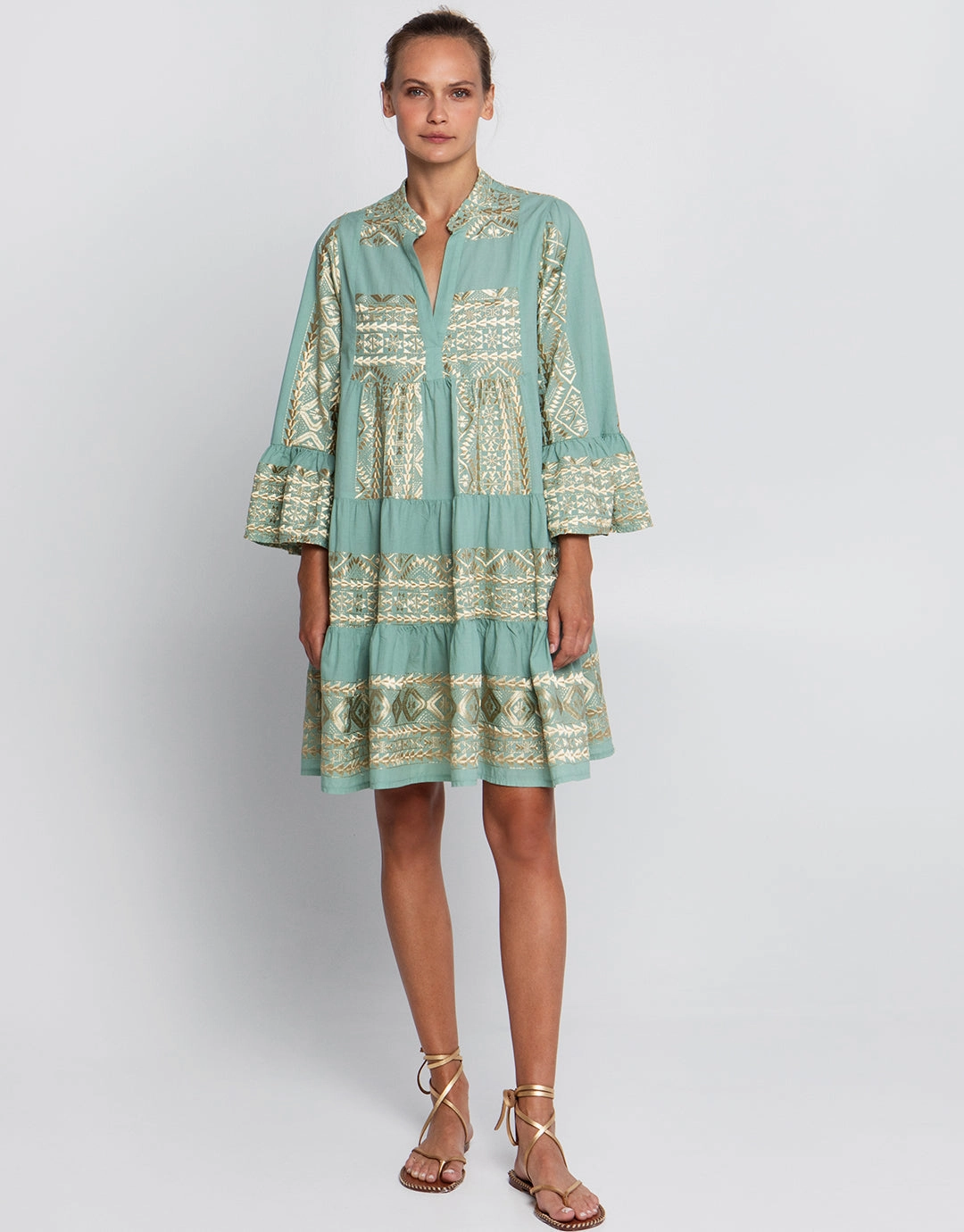 Classic Triangle Long Sleeve Mini Dress - Sea Green and Gold