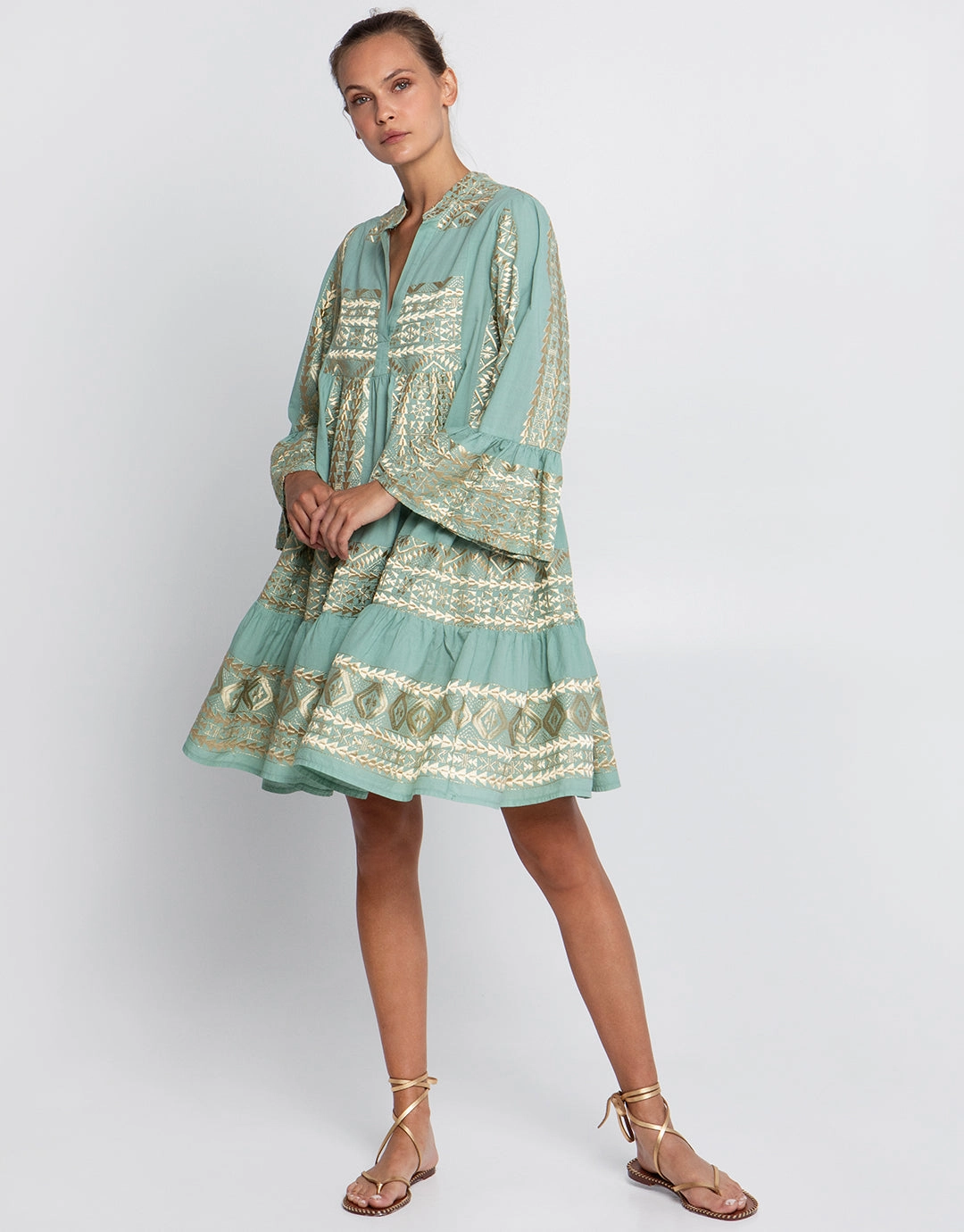 Classic Triangle Long Sleeve Mini Dress - Sea Green and Gold