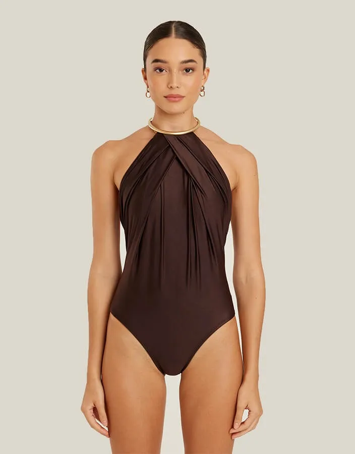 Collar One Piece Swimsuit Coffee