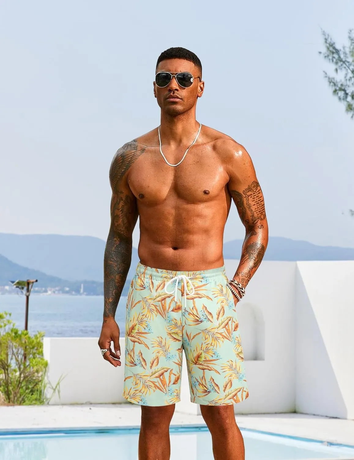 COOFANDY Men's Hawaiian Beach Shorts Elastic Waist Drawstring Lightweight Summer Casual Shorts with Pocket