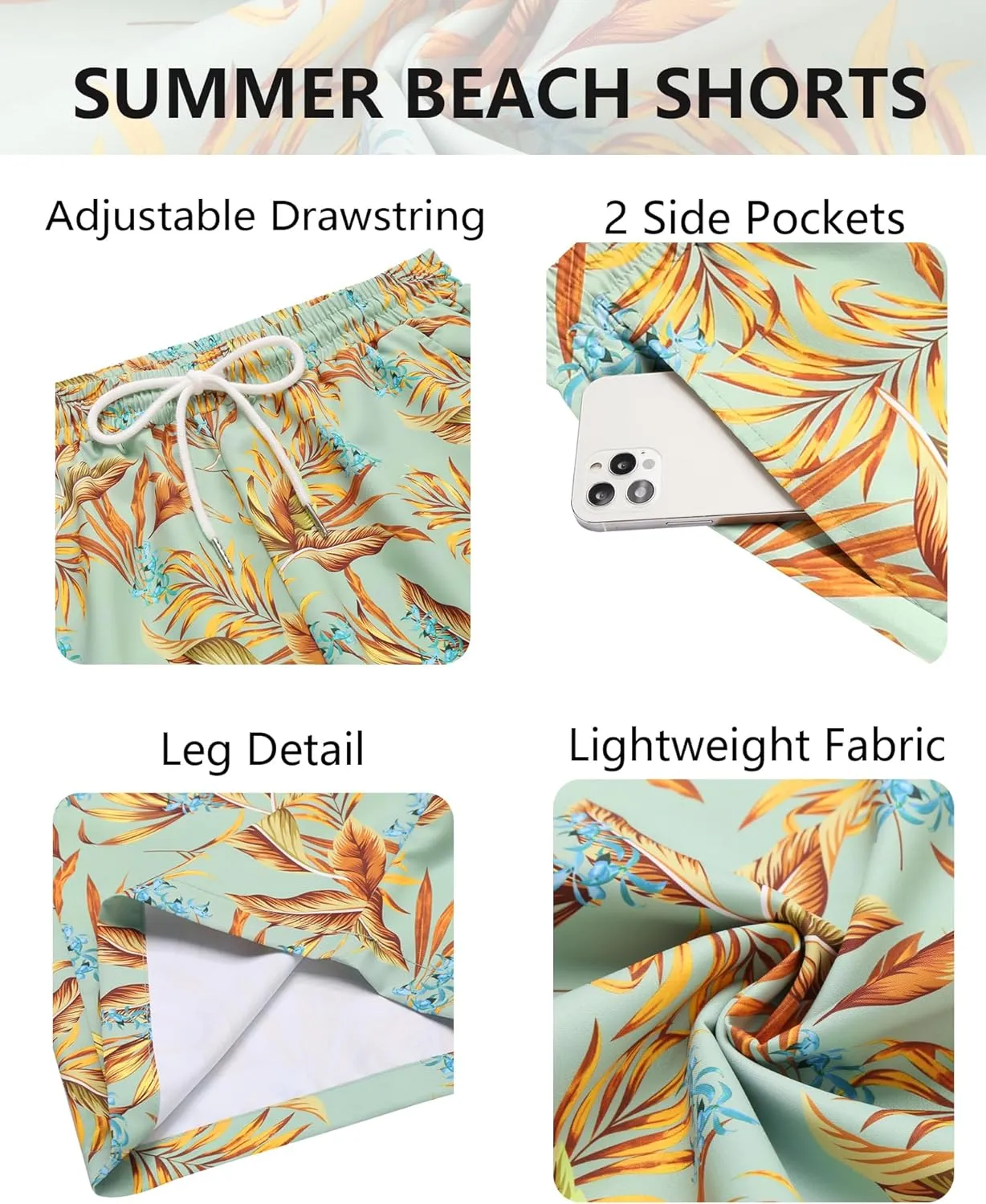 COOFANDY Men's Hawaiian Beach Shorts Elastic Waist Drawstring Lightweight Summer Casual Shorts with Pocket