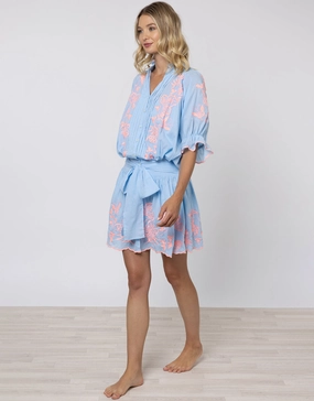 Cotton Blouson Dress with Butterfly Embroidery - Blue and Neon Pink