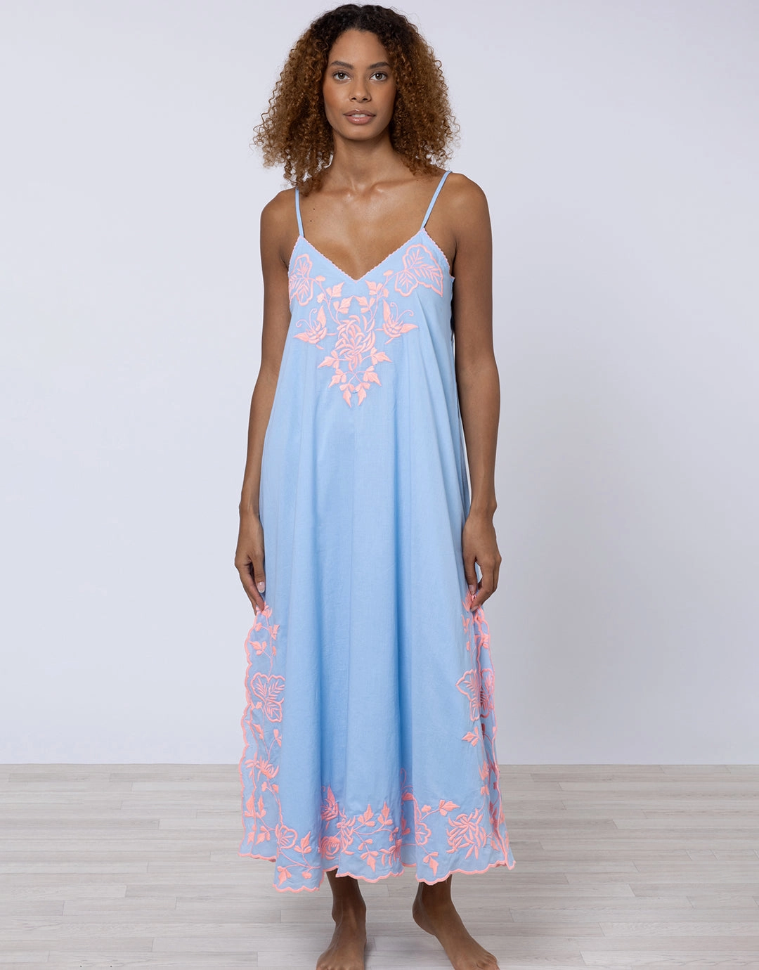 Cotton V-Neck Slip Dress with Butterfly Embroidery - Blue and Neon Pink