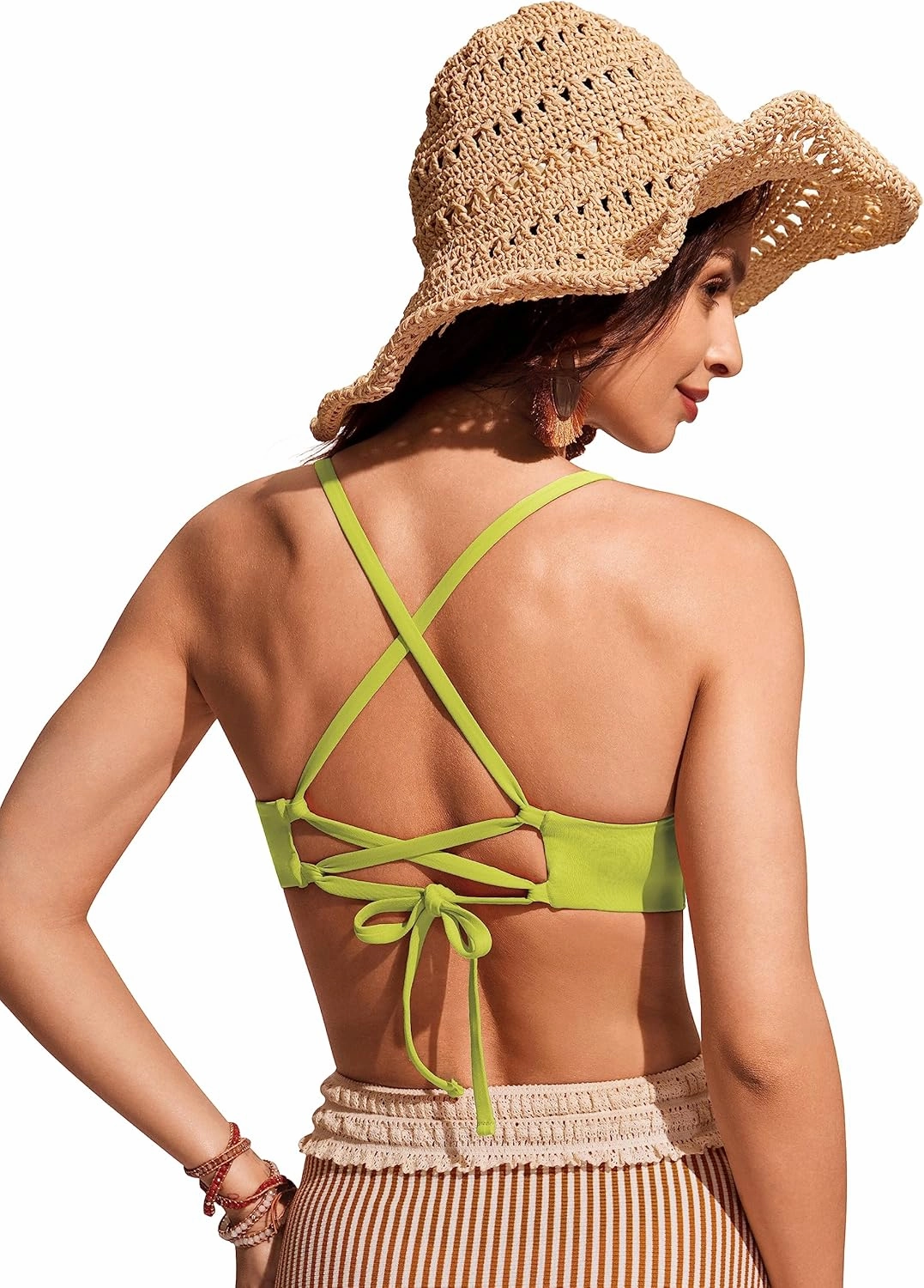 CRZ YOGA Women's Bikini Top Lace Up V Neck Swimsuits Crisscross Bathing Suit Swim Sports Bra Padded