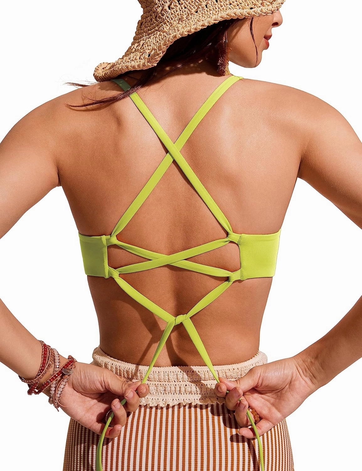 CRZ YOGA Women's Bikini Top Lace Up V Neck Swimsuits Crisscross Bathing Suit Swim Sports Bra Padded