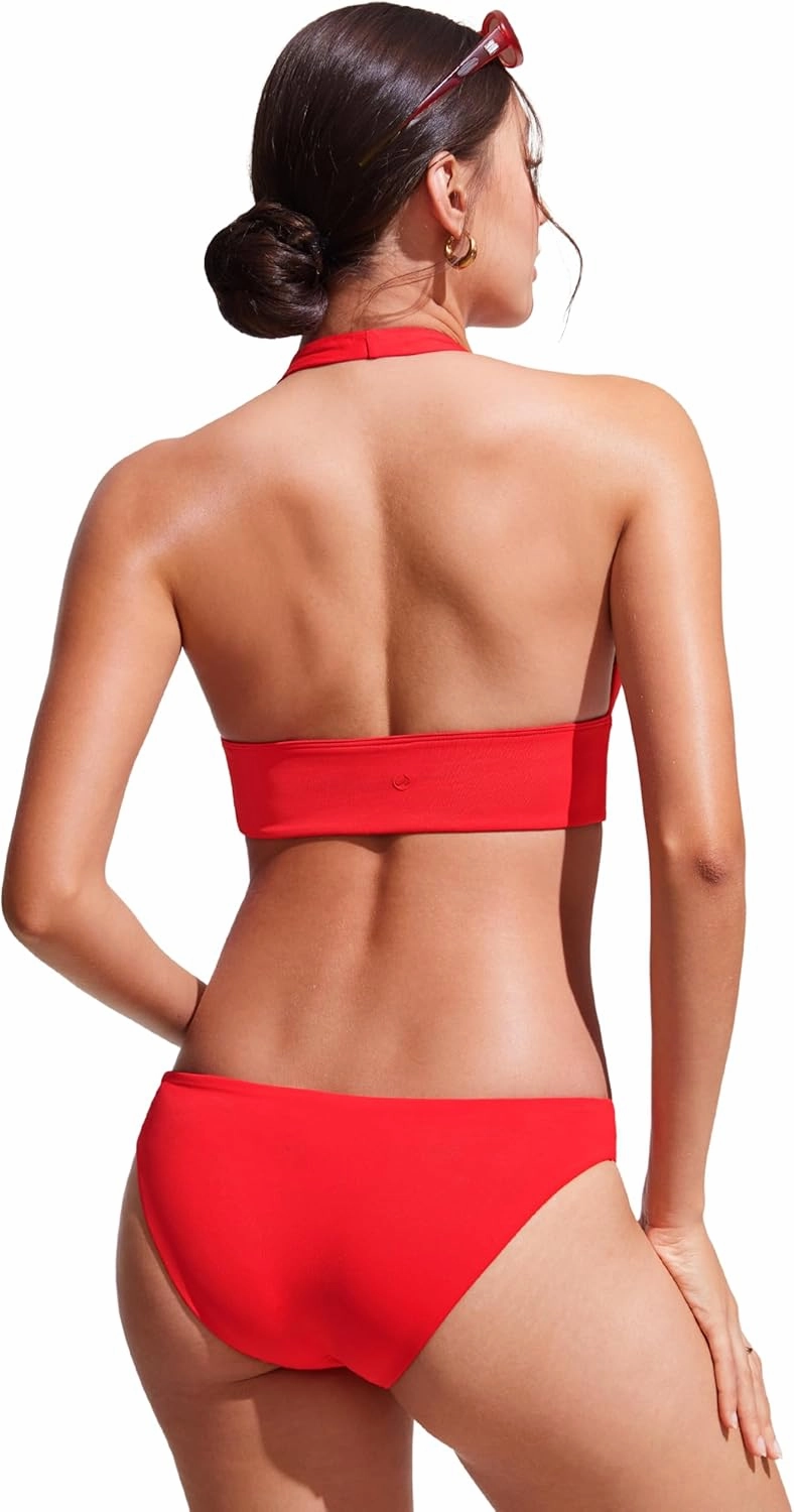 CRZ YOGA Womens Halter Bikini Tops V Neck Swim Bathing Suit Sexy Backless Swimsuit Padded