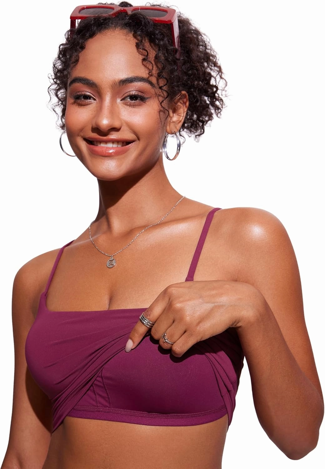 CRZ YOGA Womens Scoop Neck Bikini Tops U Back Longline Swimsuit Adjustable Spaghetti Straps Bathing Suit Crop Tankini