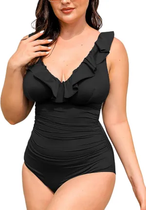 CUPSHE Women's One Piece Swimsuit Plus Size Ruffled V Neck Bathing Suit Retro Full Coverage Slimming Sculpting