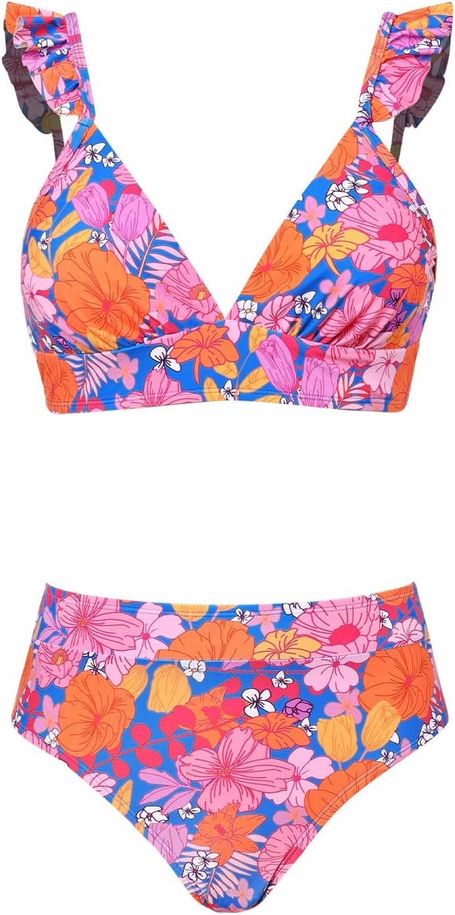 CUPSHE Women Bikini Sets 2 Piece Swimsuit High Waisted Bottom Floral Print Ruffle V Neck Bathing Suits