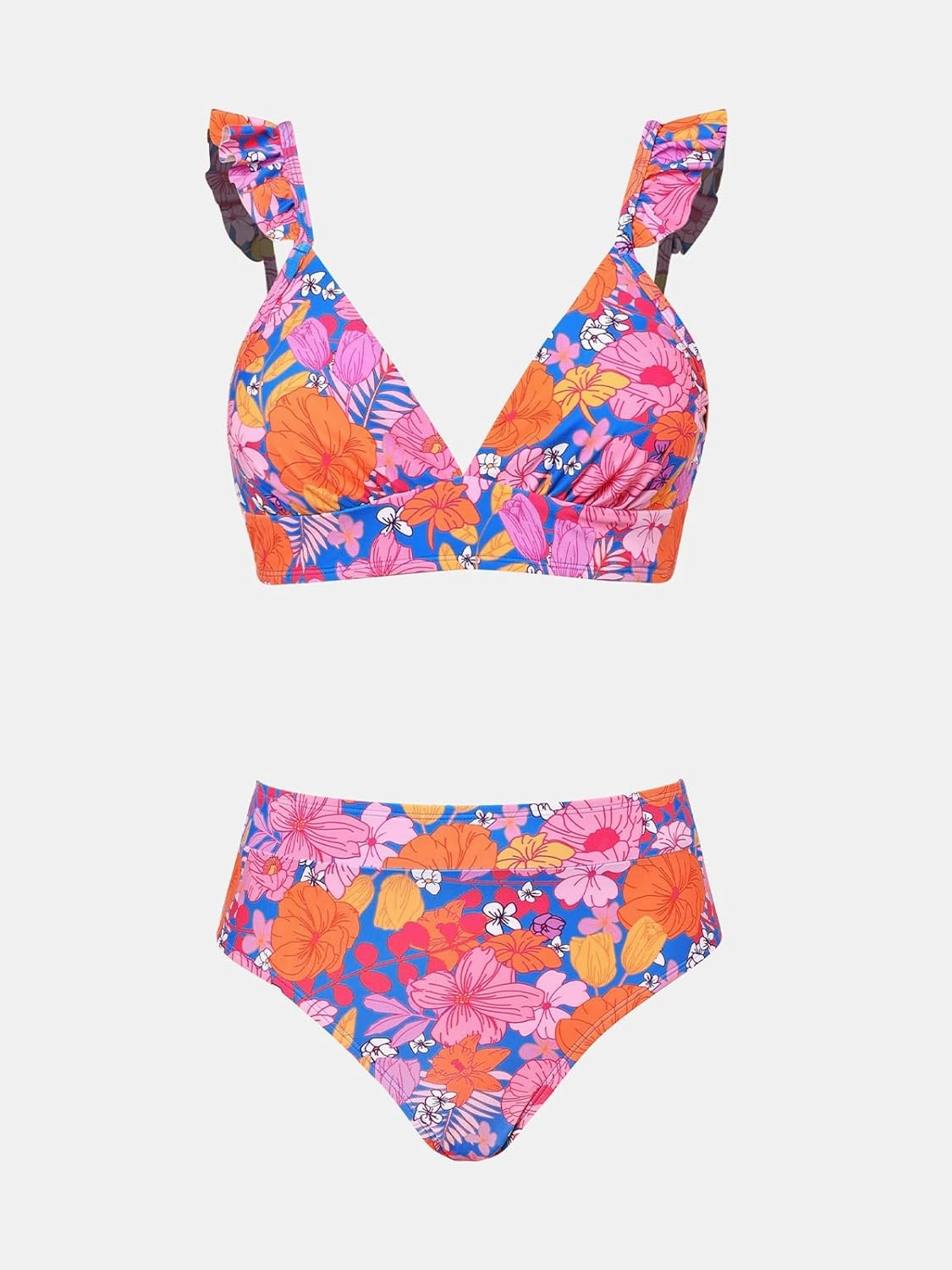 CUPSHE Women Bikini Sets 2 Piece Swimsuit High Waisted Bottom Floral Print Ruffle V Neck Bathing Suits