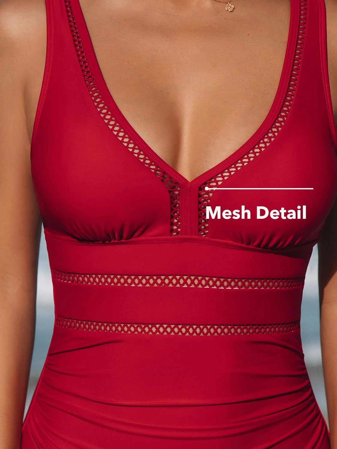 CUPSHE Women's One Piece Swimsuit Bathing Suit V Neck Adjustable Straps Ruched Mesh Back Hook