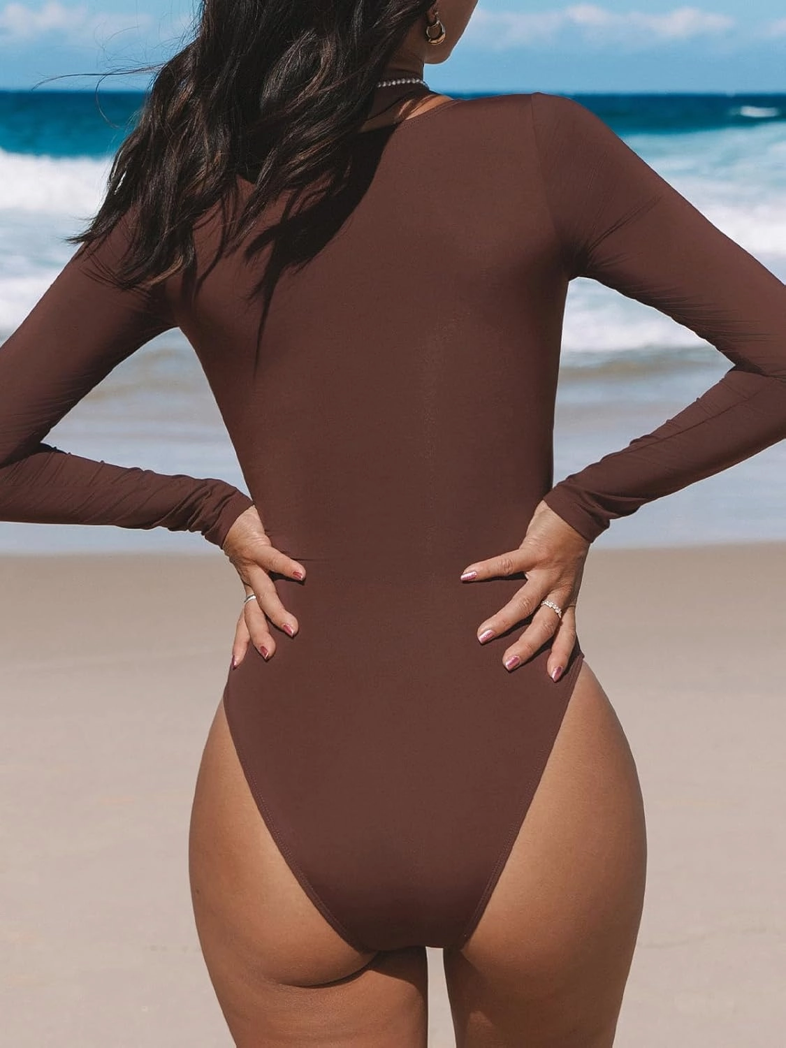 CUPSHE Women's One Piece Swimsuit Rash Guard Long Sleeve Cutout UPF 50  UV Deep V Neck O-Ring