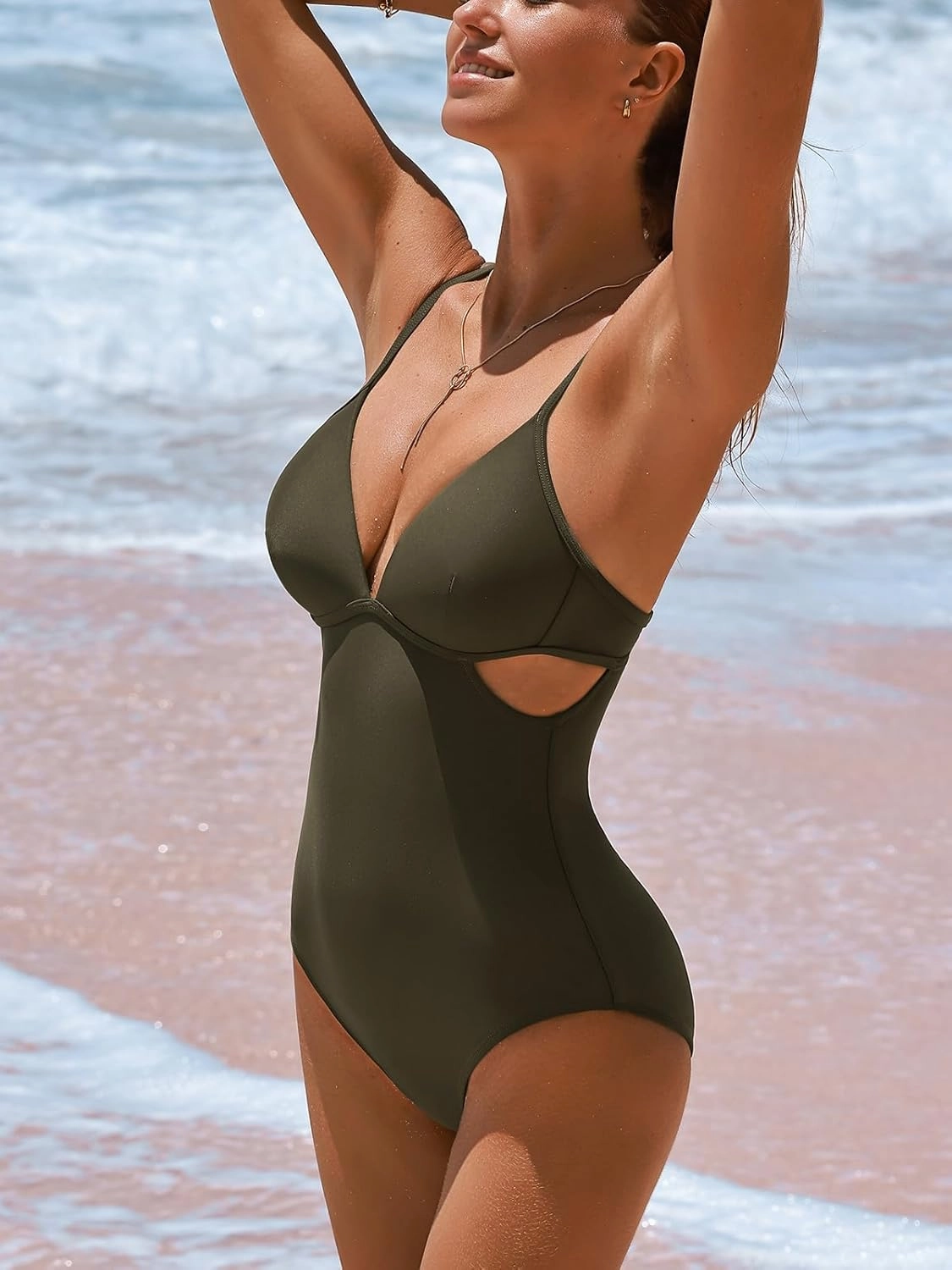 CUPSHE Women's One Piece Swimsuit V Neck Side Cutout Adjustable Spaghetti Straps Self Tied Bathing Suit