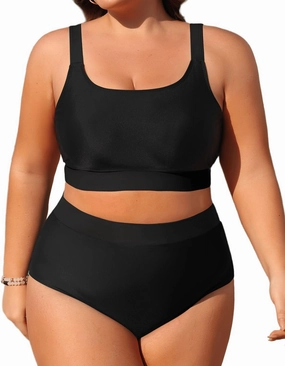 Daci Plus Size Two Piece Swimsuit High Waisted Bikini Set Sport Scoop Neck Swimsuit Full Coverage Bathing Suit