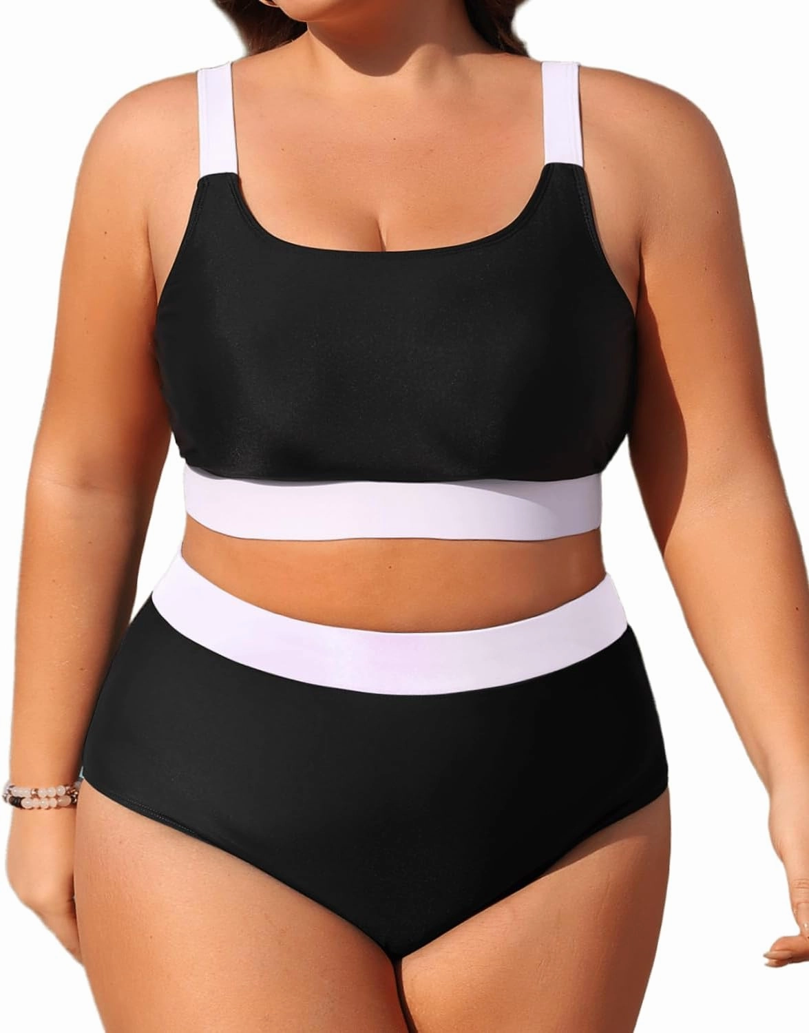 Daci Plus Size Two Piece Swimsuit High Waisted Bikini Set Sport Scoop Neck Swimsuit Full Coverage Bathing Suit