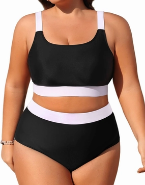 Daci Plus Size Two Piece Swimsuit High Waisted Bikini Set Sport Scoop Neck Swimsuit Full Coverage Bathing Suit