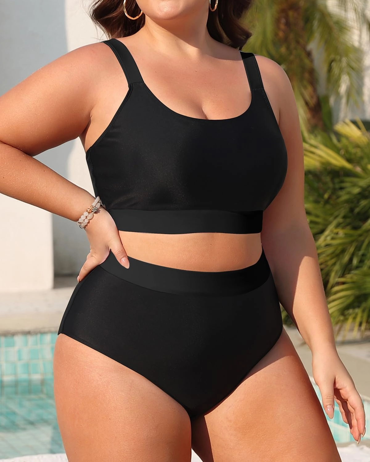 Daci Plus Size Two Piece Swimsuit High Waisted Bikini Set Sport Scoop Neck Swimsuit Full Coverage Bathing Suit
