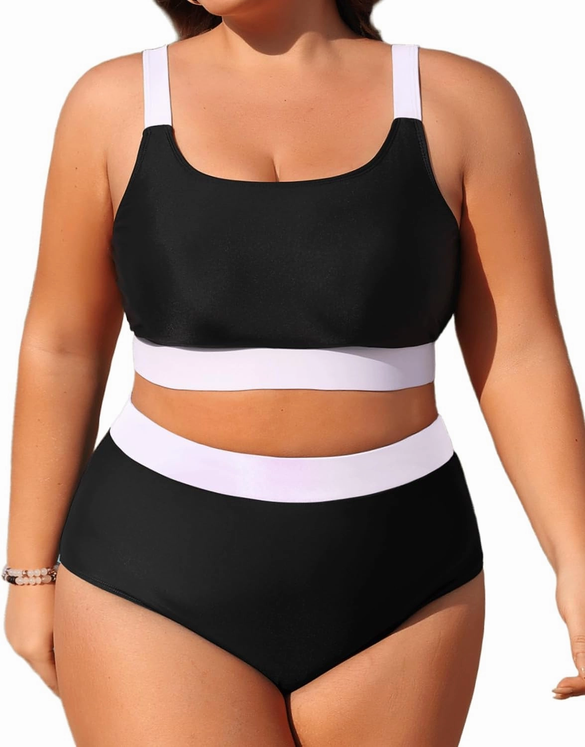 Daci Plus Size Two Piece Swimsuit High Waisted Bikini Set Sport Scoop Neck Swimsuit Full Coverage Bathing Suit