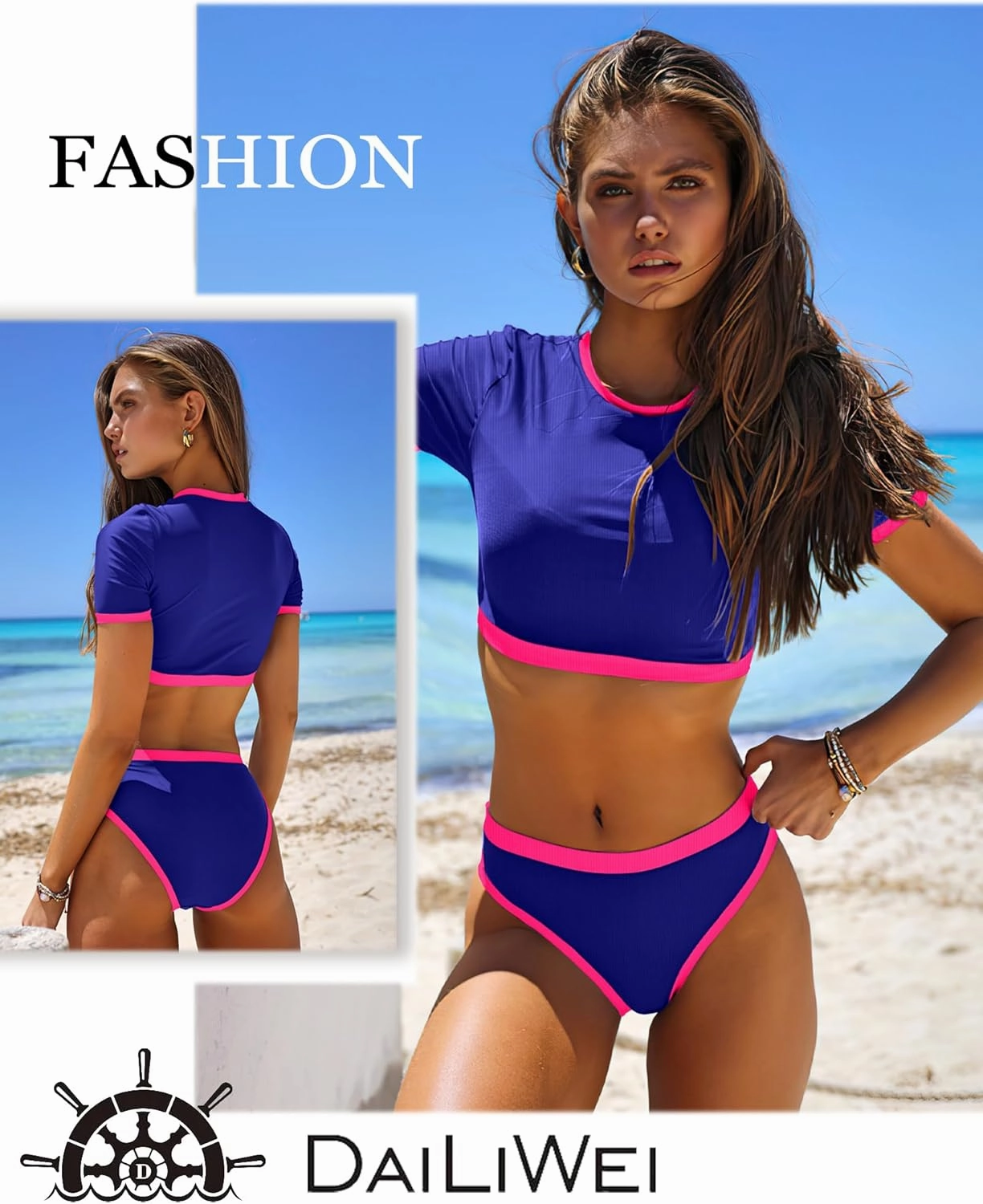DaiLiWei Two Piece Tummy Control Swimsuits for Women Cheeky Bikini Sets Modest Bathing Suit High Neck Swim Suits Teens