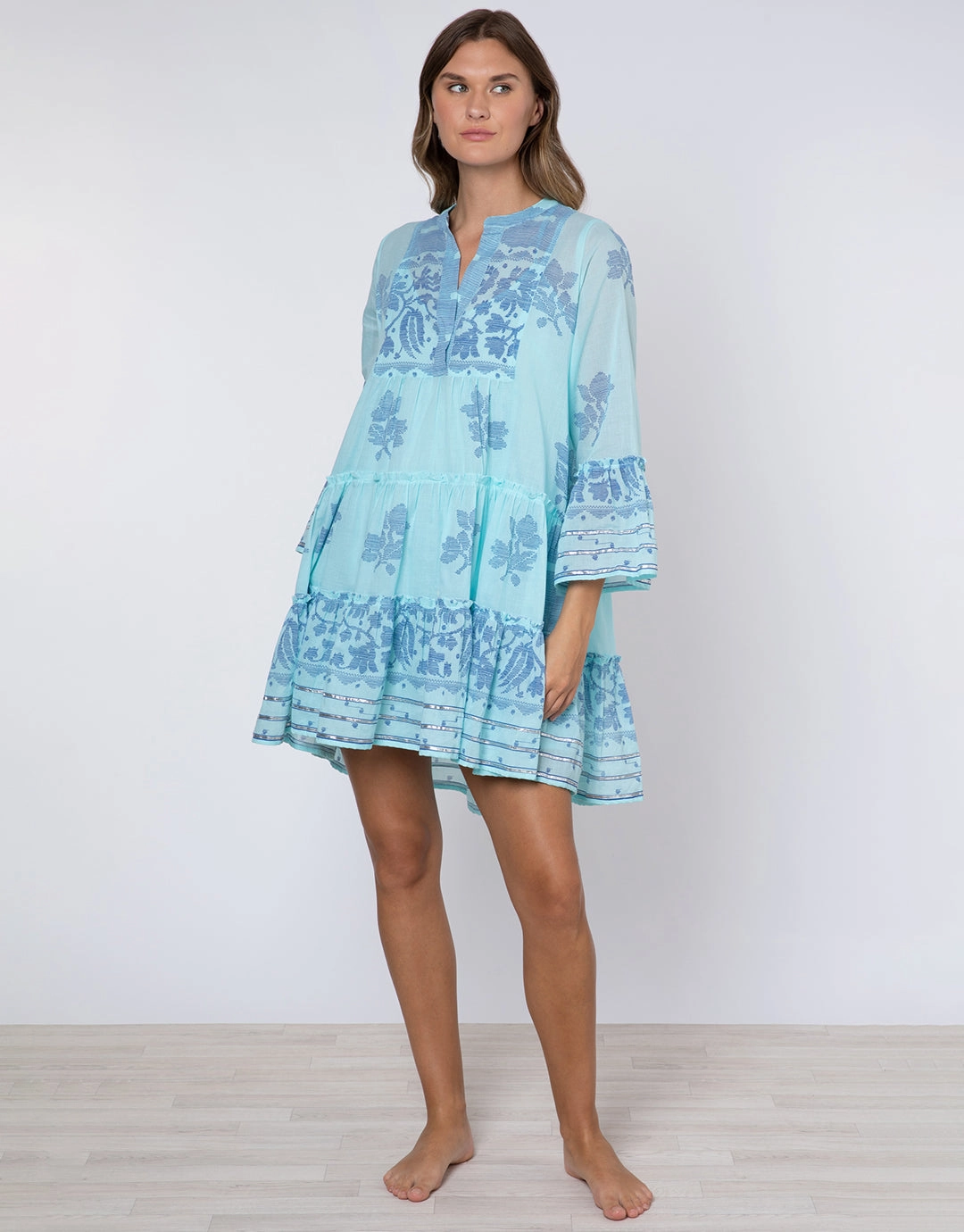 Dhaka Print Flared Sleeve Dress - Blue and Royal Blue