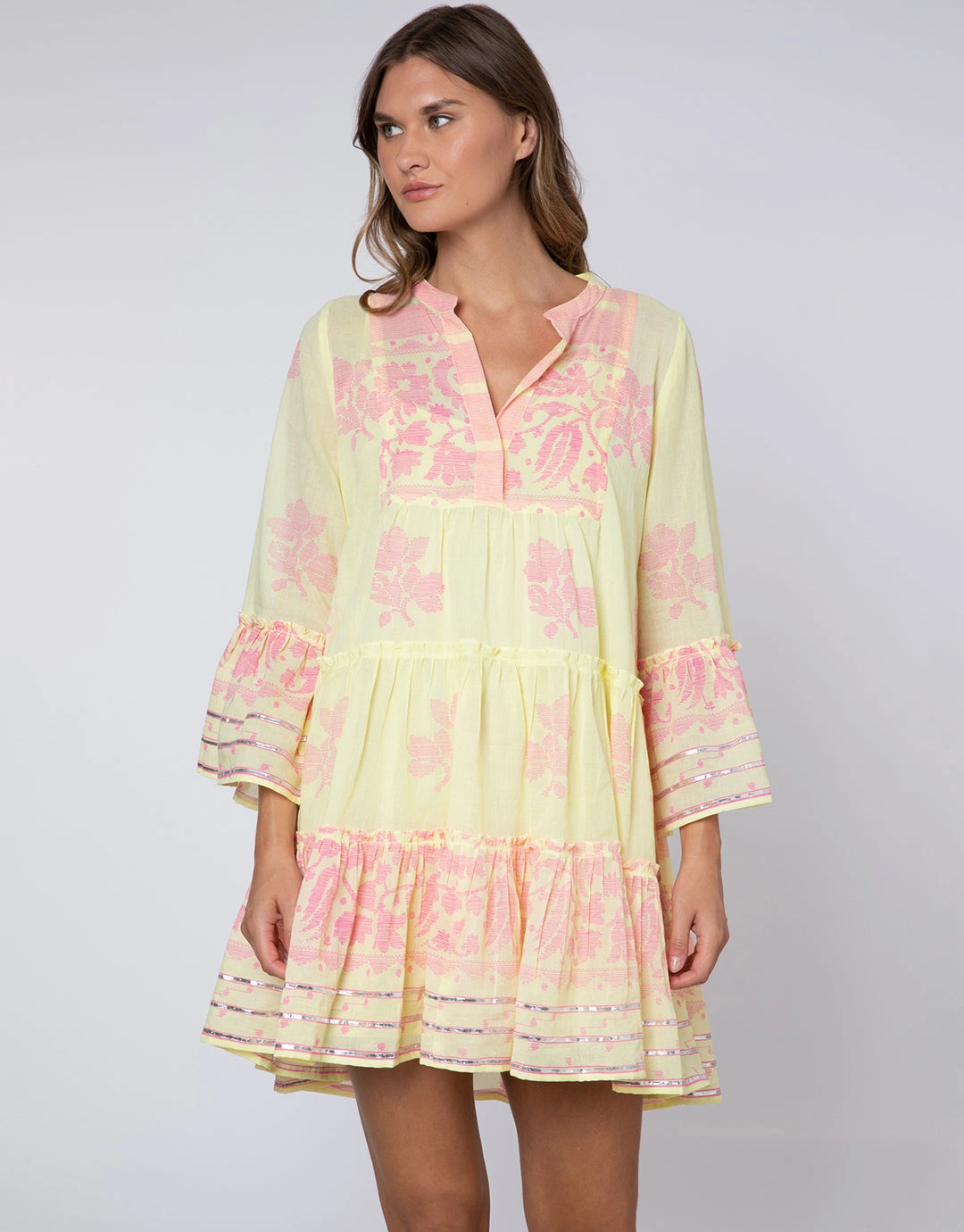 Dhaka Print Flared Sleeve Dress - Yellow and Fuchsia