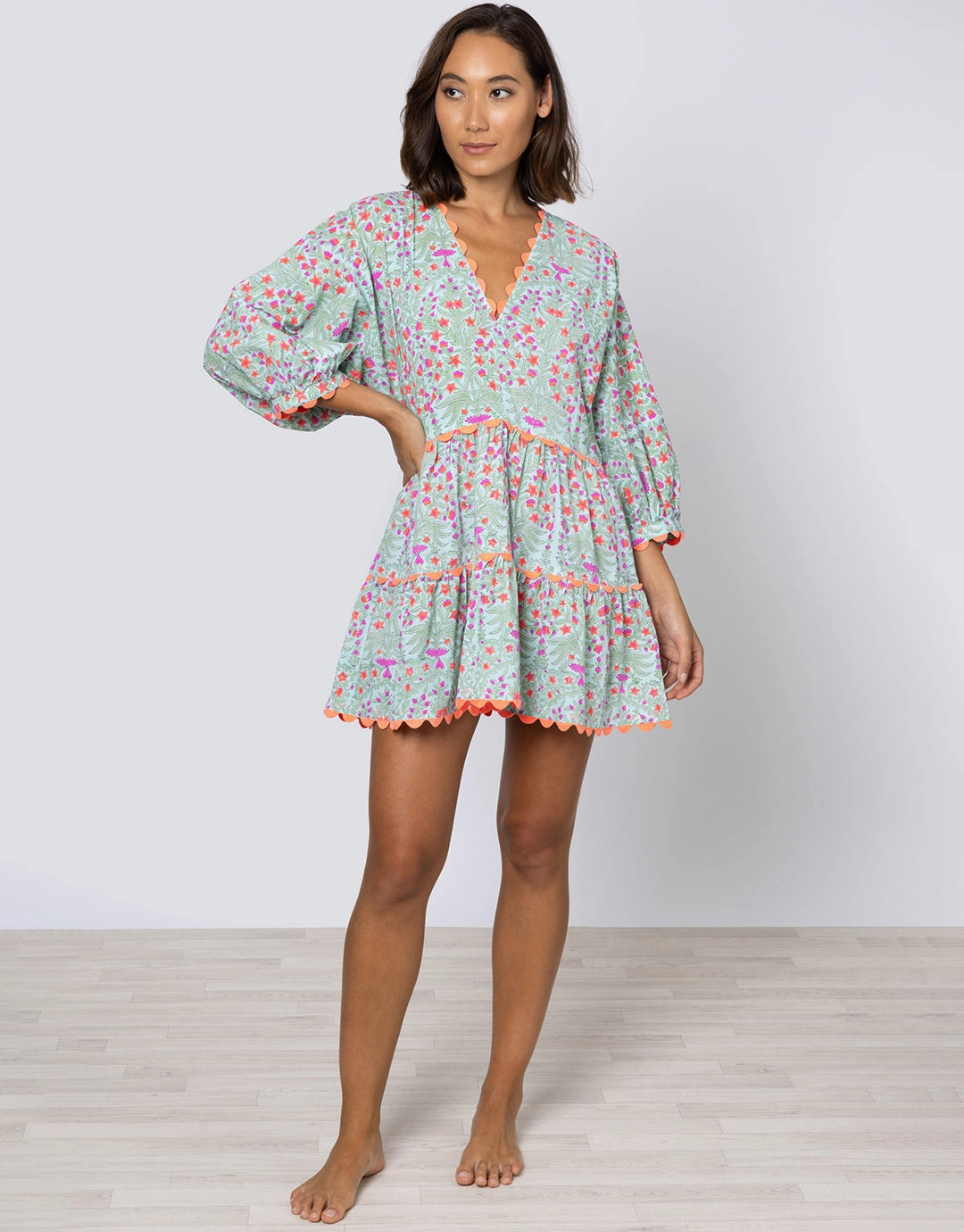 Ditsy Print V-Neck Tiered Mini Dress with Ric-Rac - Aqua and Neon Red
