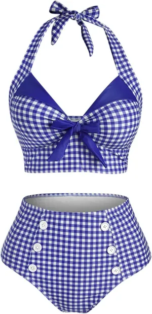 DRESSFO Women's Bikini Set Halter Two Piece High Waisted Swimsuit Plaid Retro Tummy Control Tankini Bathing Suit