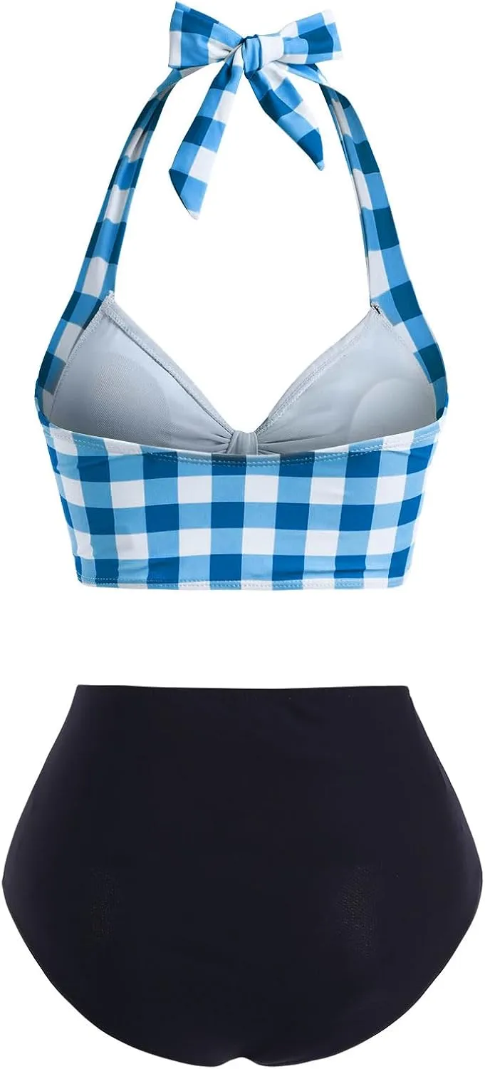 DRESSFO Women's Bikini Set Halter Two Piece High Waisted Swimsuit Plaid Retro Tummy Control Tankini Bathing Suit