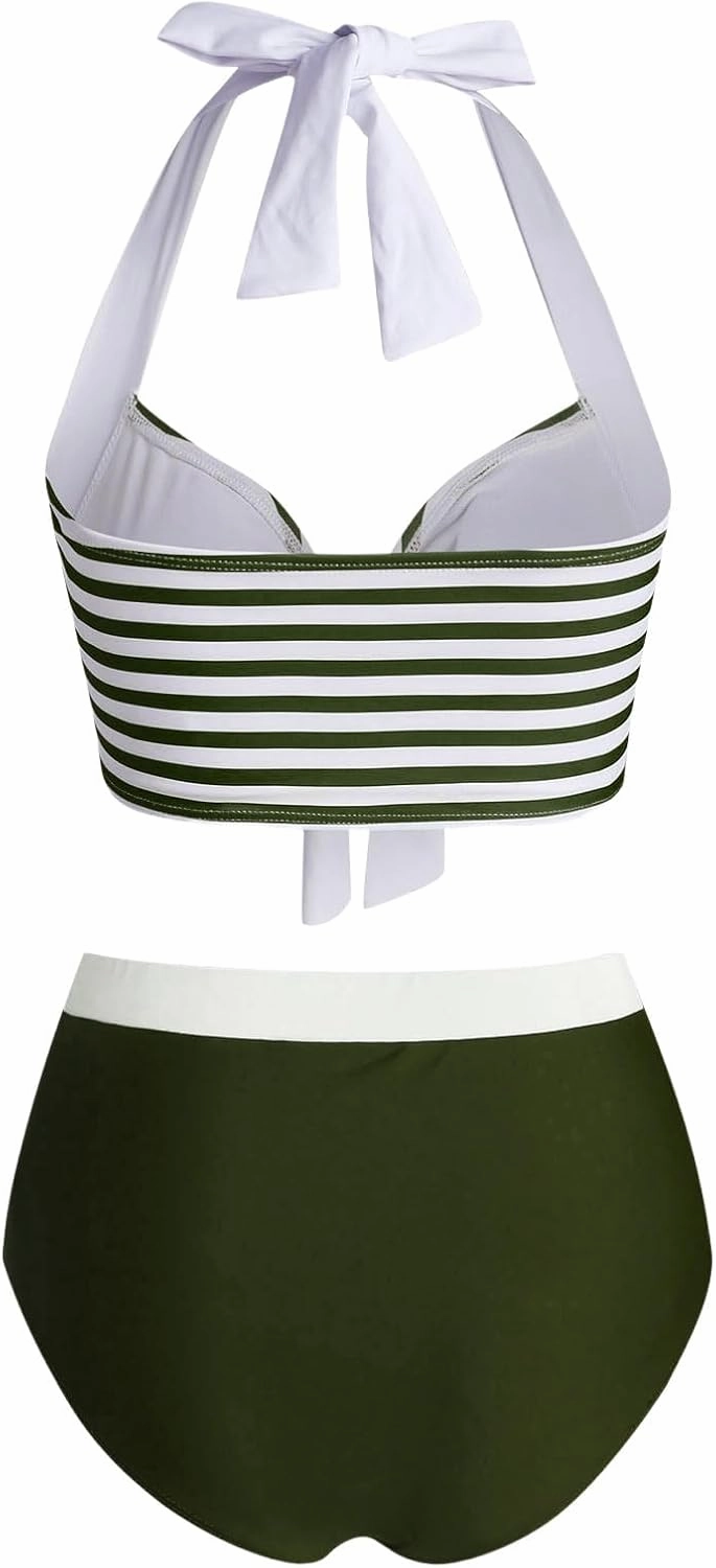 DRESSFO Women's Bikini Set American Flag Halter Two Piece High Waisted Swimsuit Stripe Vintage Tummy Control Bathing Suit