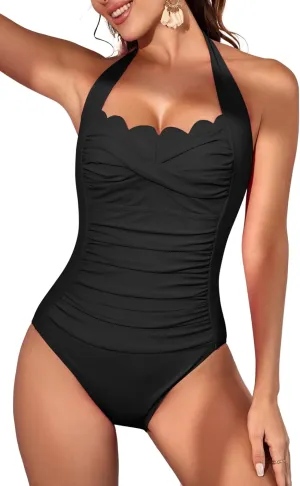 Eomenie Women One Piece Tummy Control Swimsuit Halter Scallop Trim Bathing Suits 1 Piece Vintage Ruched Slimming Swimwear