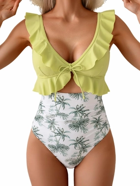 Eomenie One Piece Swimsuit for Women Tummy Control Ruffle Bathing Suit V Neck Ruched Swim Suit Slimming Cutout Swimwear