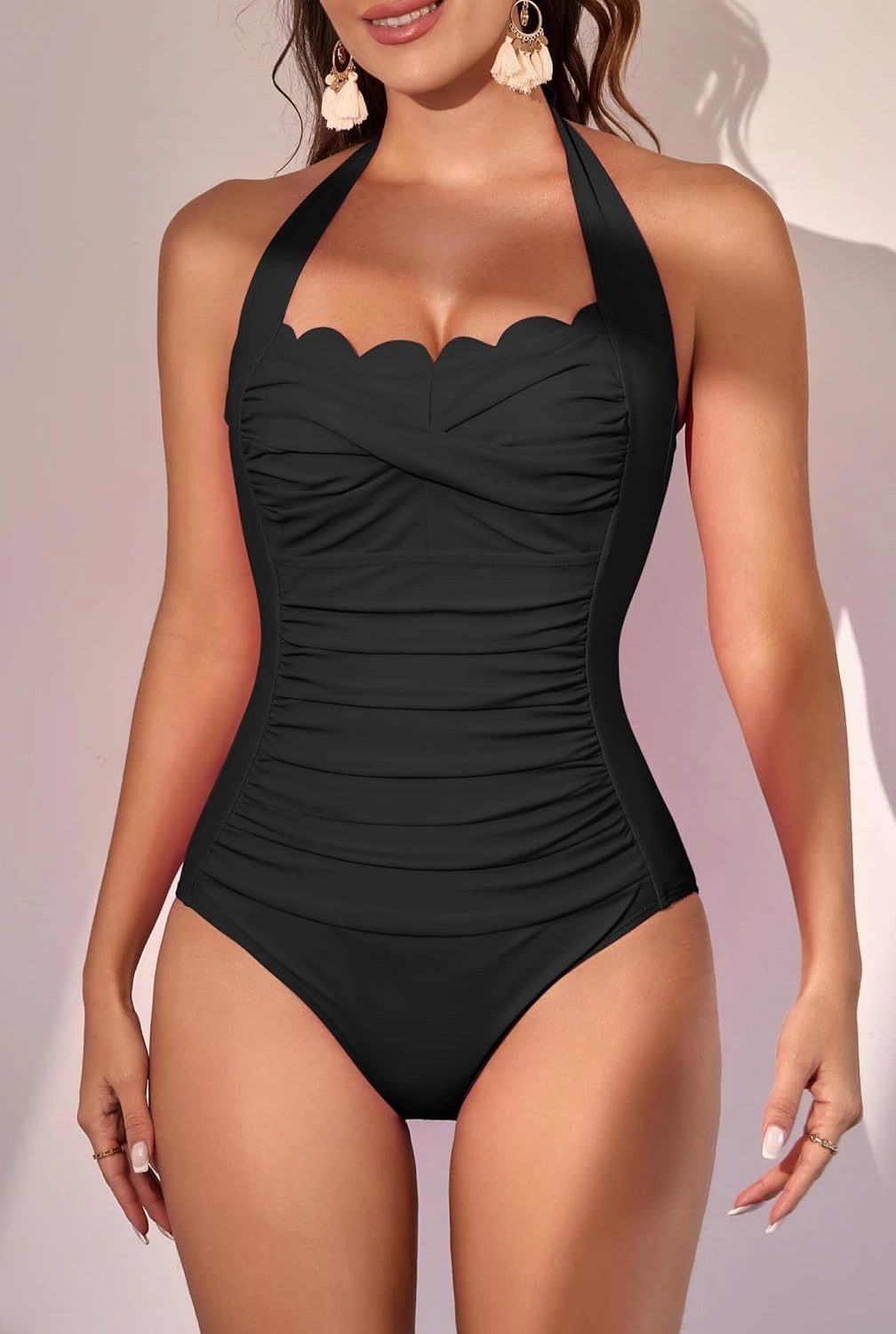 Eomenie Women One Piece Tummy Control Swimsuit Halter Scallop Trim Bathing Suits 1 Piece Vintage Ruched Slimming Swimwear