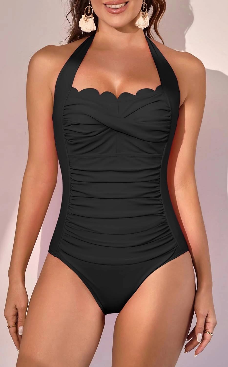 Eomenie Women One Piece Tummy Control Swimsuit Halter Scallop Trim Bathing Suits 1 Piece Vintage Ruched Slimming Swimwear