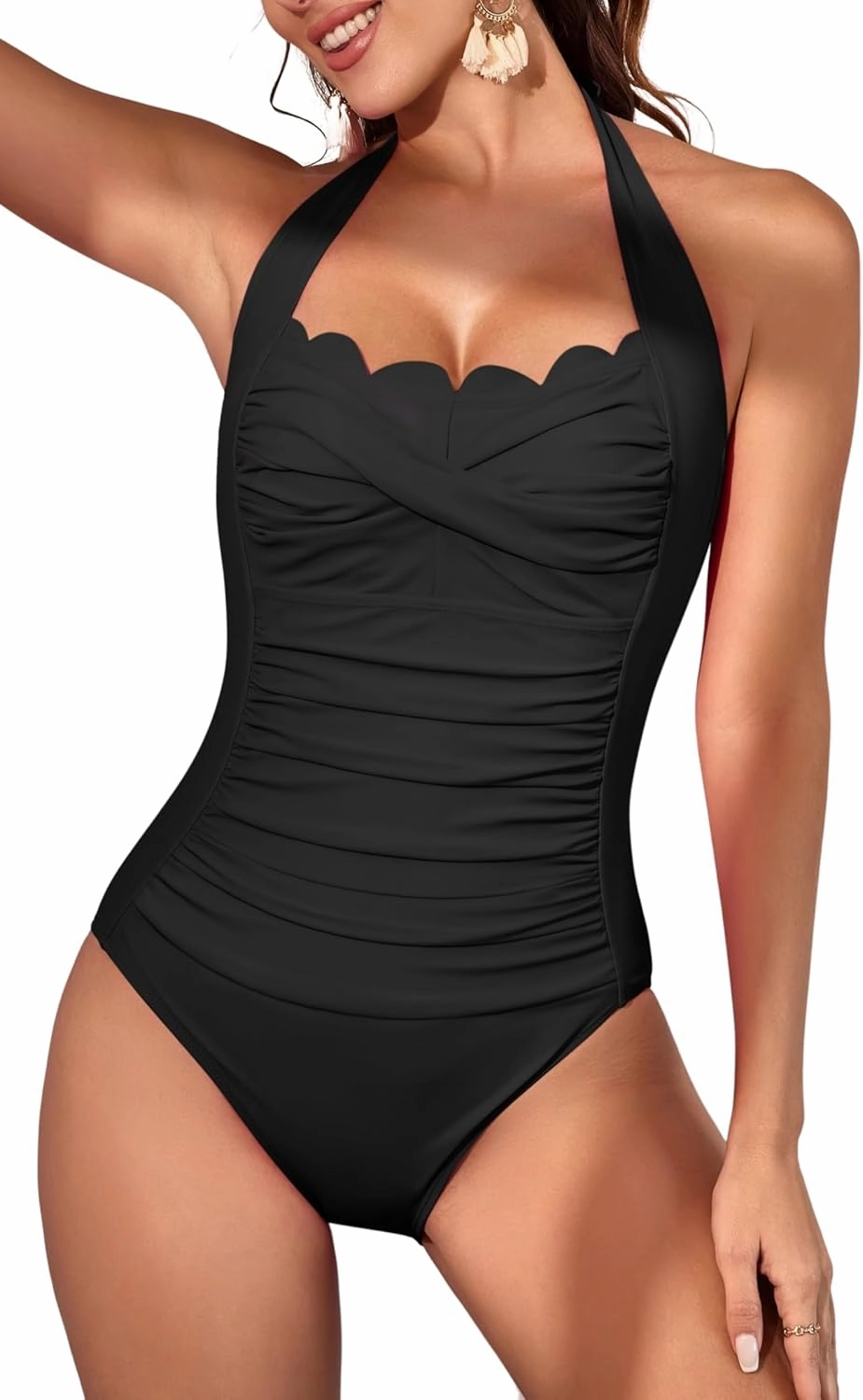 Eomenie Women One Piece Tummy Control Swimsuit Halter Scallop Trim Bathing Suits 1 Piece Vintage Ruched Slimming Swimwear