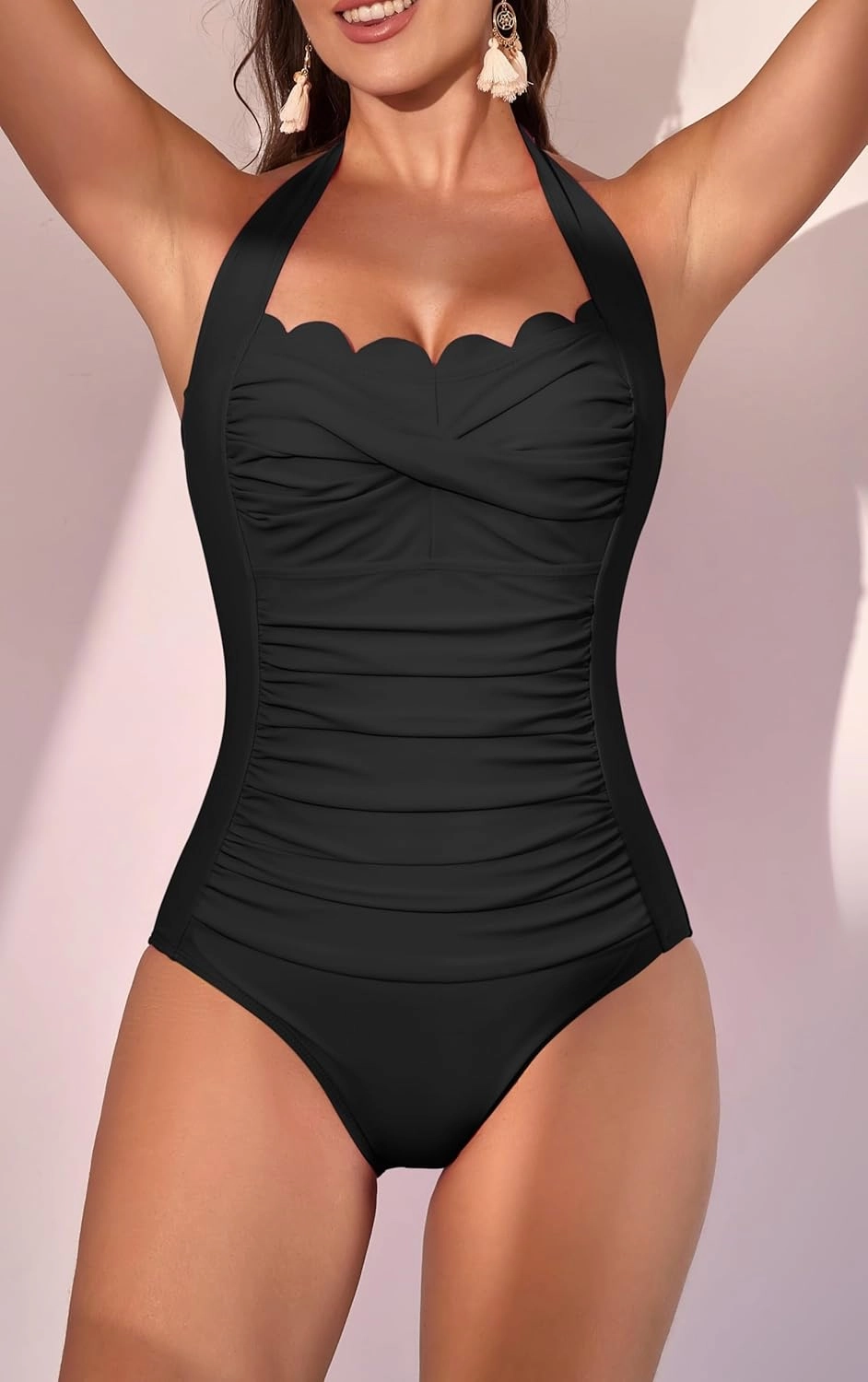 Eomenie Women One Piece Tummy Control Swimsuit Halter Scallop Trim Bathing Suits 1 Piece Vintage Ruched Slimming Swimwear