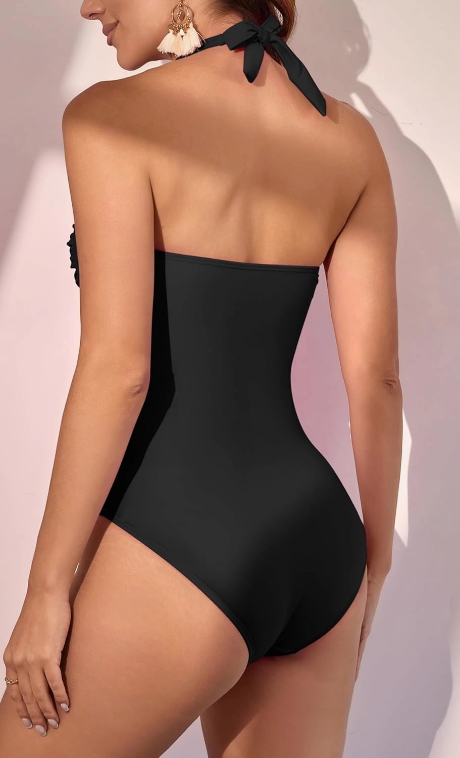 Eomenie Women One Piece Tummy Control Swimsuit Halter Scallop Trim Bathing Suits 1 Piece Vintage Ruched Slimming Swimwear