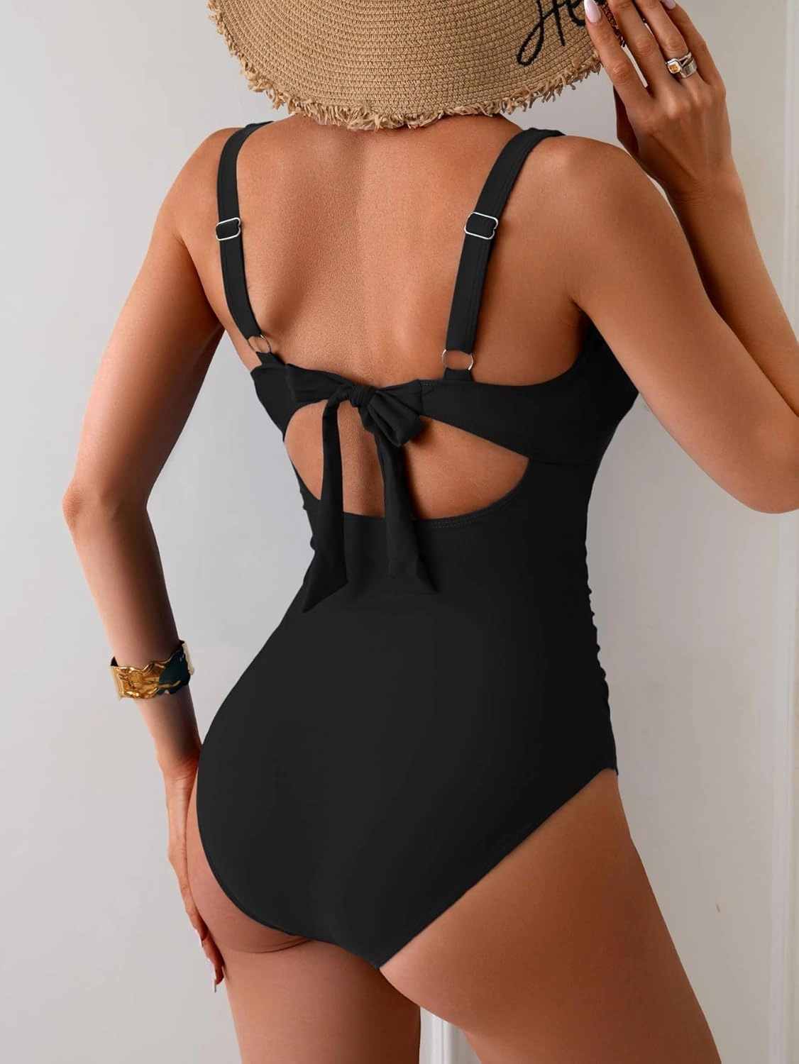 Eomenie Women's One Piece Swimsuit Tummy Control Ruched Bathing Suit Cutout V Neck Swimwear High Cut Tie Back Swim Suit