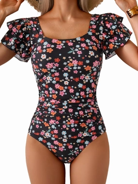 Eomenie Women's Tummy Control One Piece Swimsuit Ruffle Square Neck Bathing Suit Ruched Cutout Back Slimming Swimwear