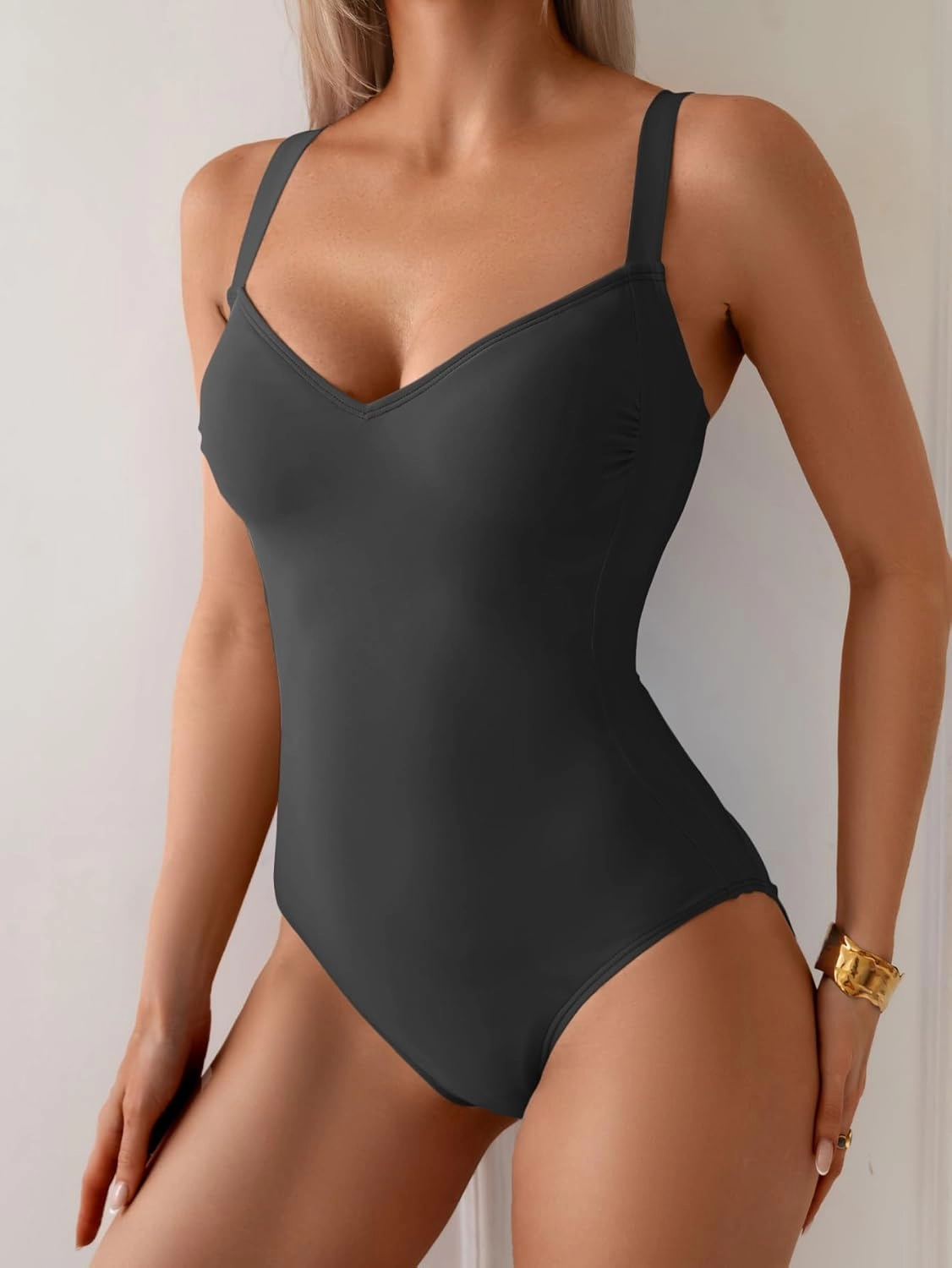 Eomenie Women's Tummy Control One Piece Swimsuit Slimming Lace Up Back Bathing Suit V Neck Swimwear