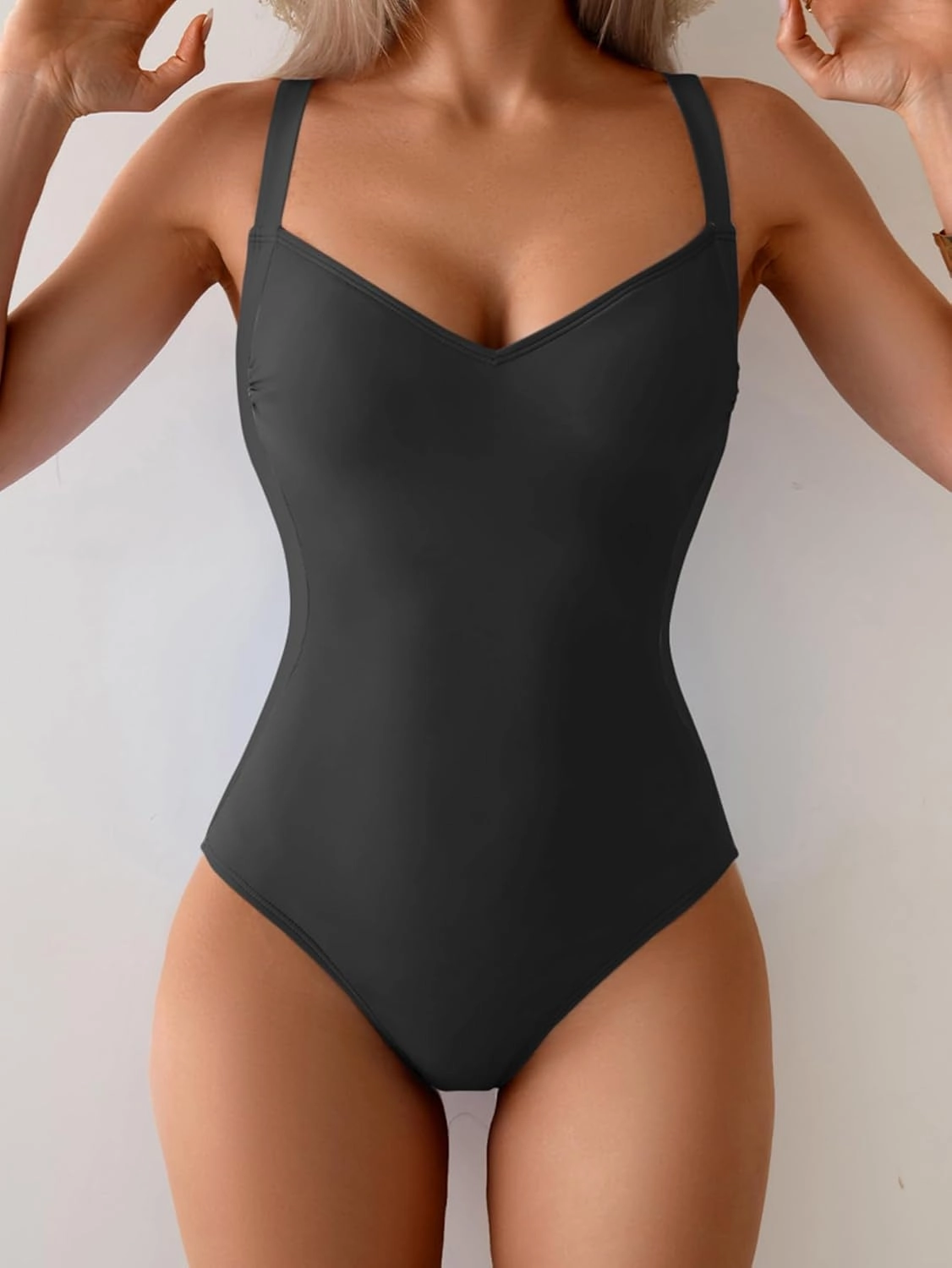 Eomenie Women's Tummy Control One Piece Swimsuit Slimming Lace Up Back Bathing Suit V Neck Swimwear