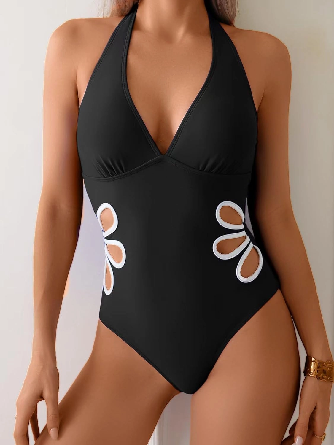 Fanuerg Women's One Piece Swimsuit Halter V Neck Color Block Swimwear Sexy Cutout Floral Bathing Suit