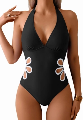Fanuerg Women's One Piece Swimsuit Halter V Neck Color Block Swimwear Sexy Cutout Floral Bathing Suit