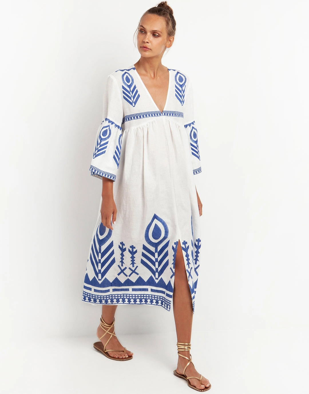 Feather Bell Sleeve Kaftan - White and Blue