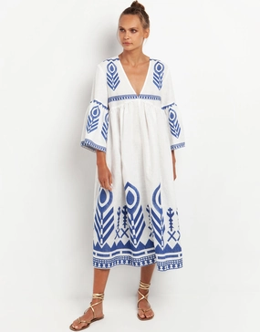 Feather Bell Sleeve Kaftan - White and Blue
