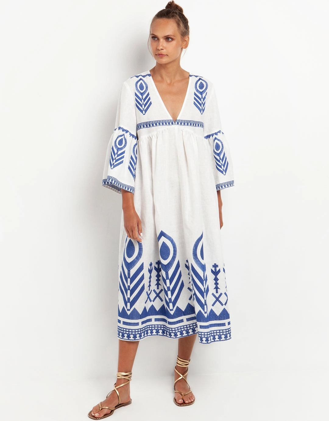 Feather Bell Sleeve Kaftan - White and Blue