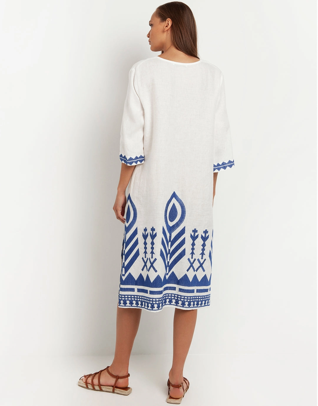 Feathers V Neck Midi Kaftan - White and Blue