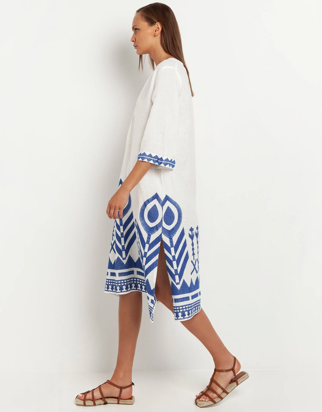 Feathers V Neck Midi Kaftan - White and Blue