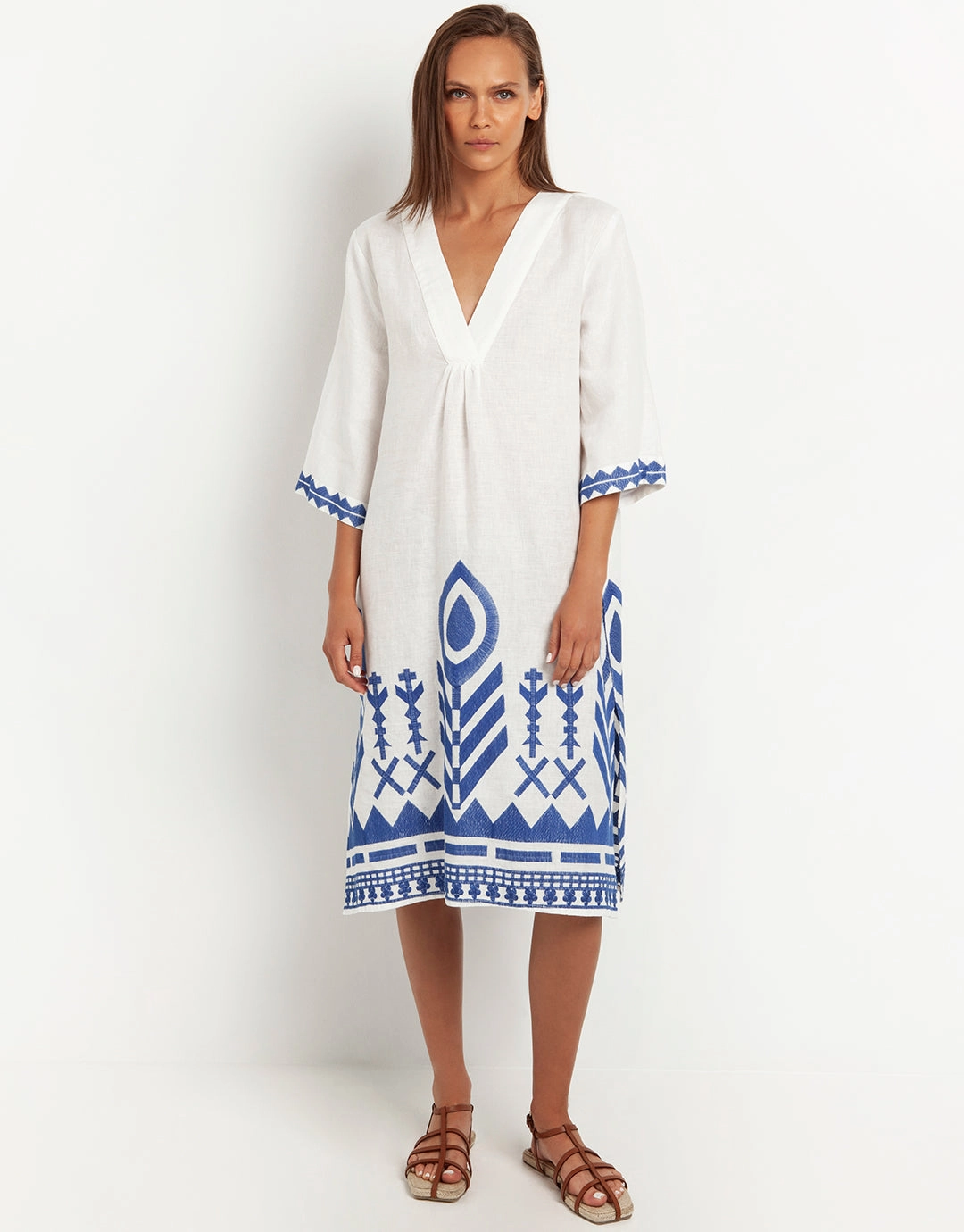 Feathers V Neck Midi Kaftan - White and Blue